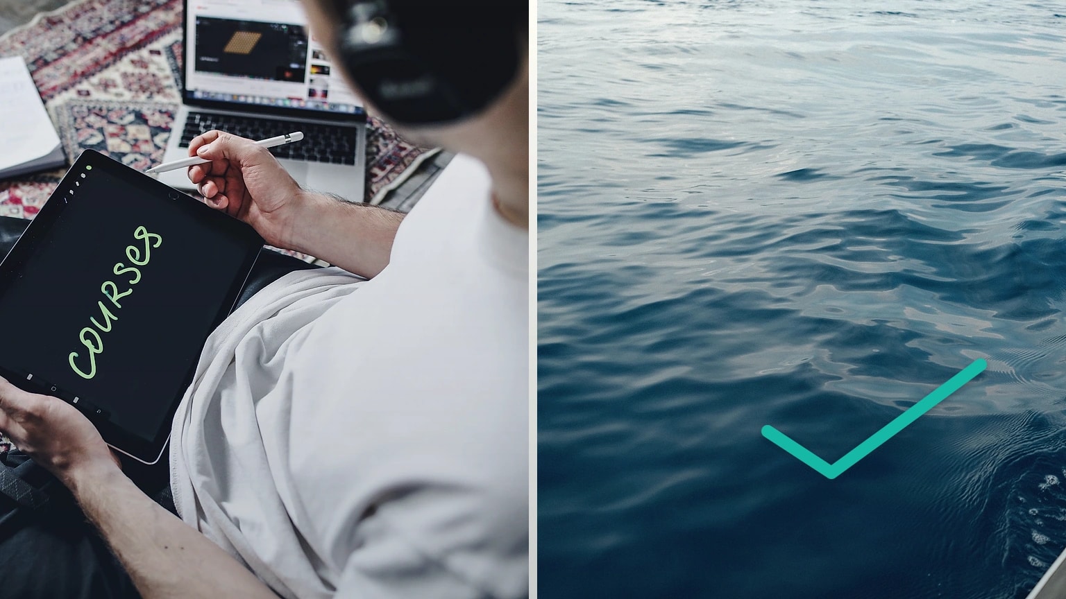 A tablet weather check is paired with a close view of the sea surface