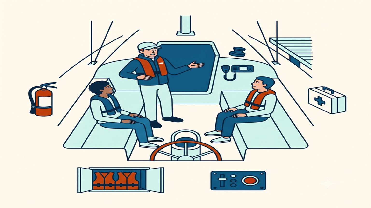 A skipper briefs three crew in flotation beside marked safety equipment aboard a sailboat
