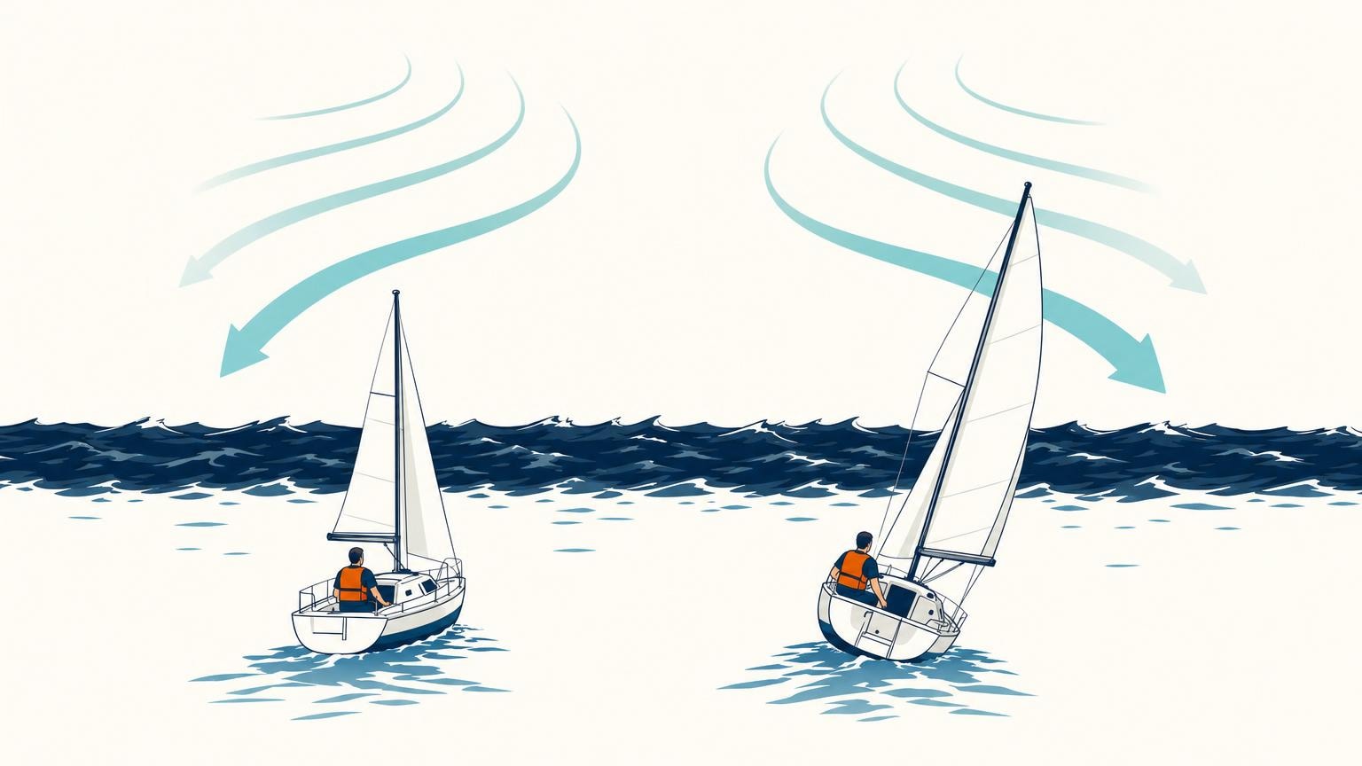 Two sailboats compare a full mainsail with a smaller reefed mainsail in stronger wind