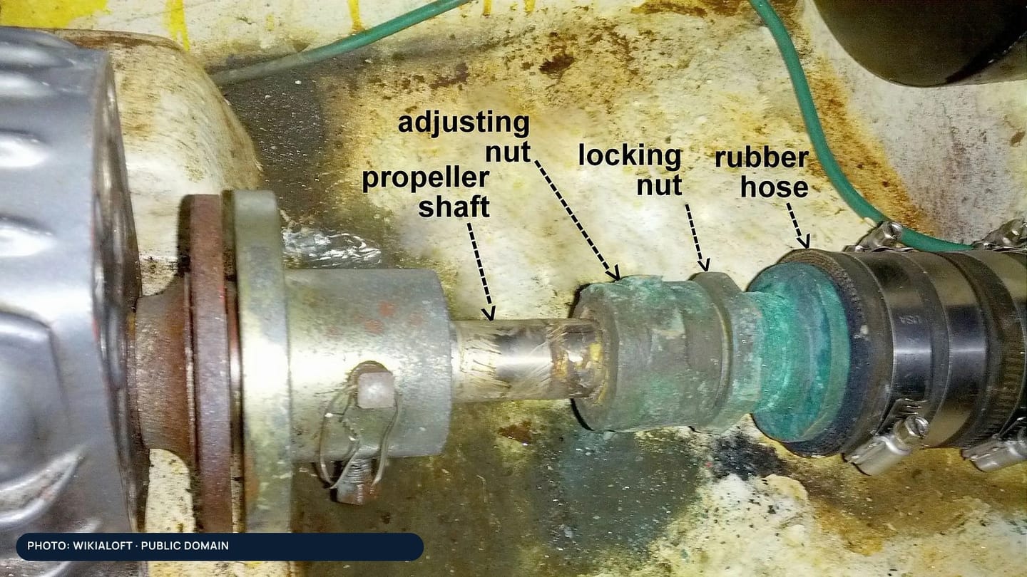 A small-boat propeller shaft passing through an adjustable stuffing box