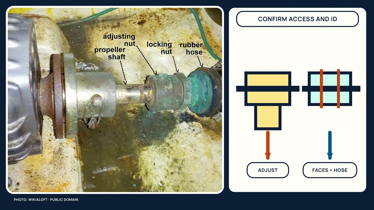 One stuffing-box photograph beside diagrams of an adjusting nut and a face-and-hose seal