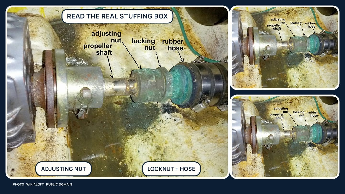 A traditional stuffing box with hose, clamps, packing nut, locknut, and turning shaft