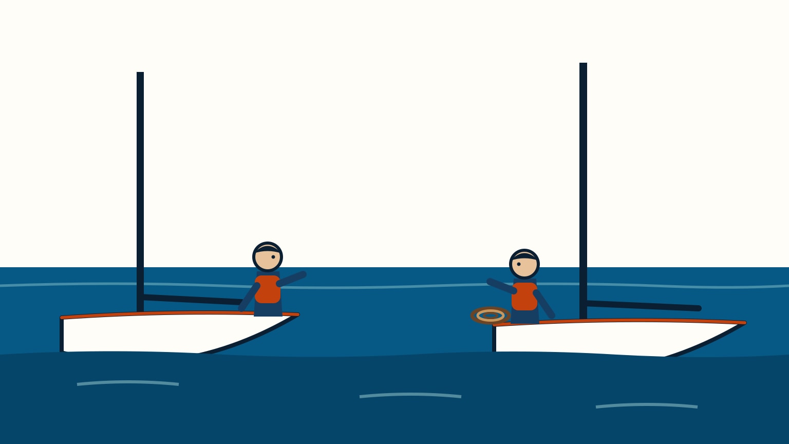 Two skippers speak across the gap between their boats before any towline is attached, discussing terms with the tow rope coiled and ready on deck.