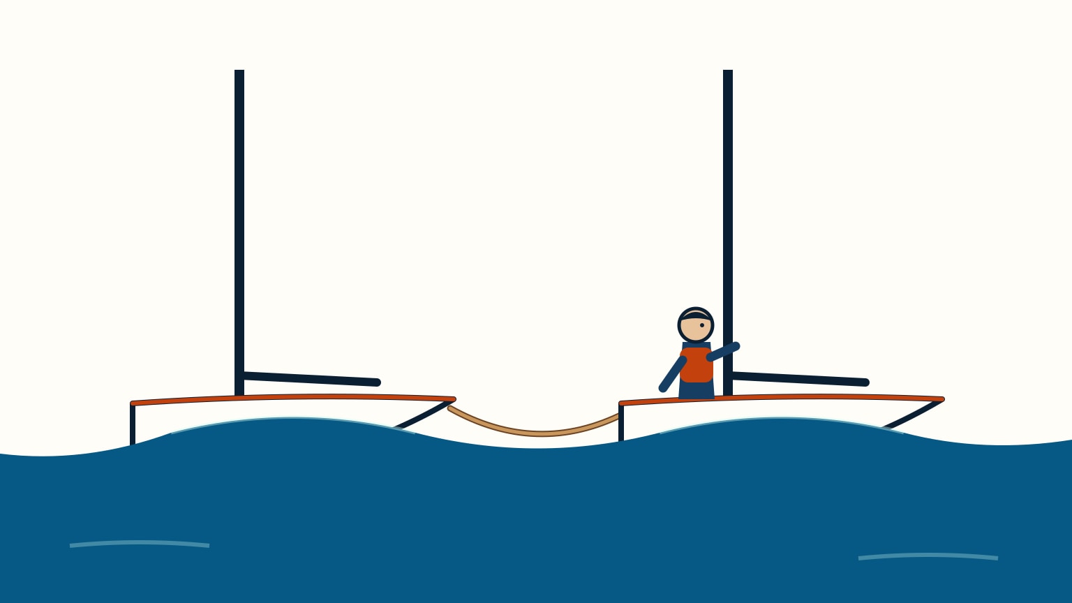 Two boats connected by a long towline ride successive wave crests together, the line sagging gently between them rather than pulled bar-taut.