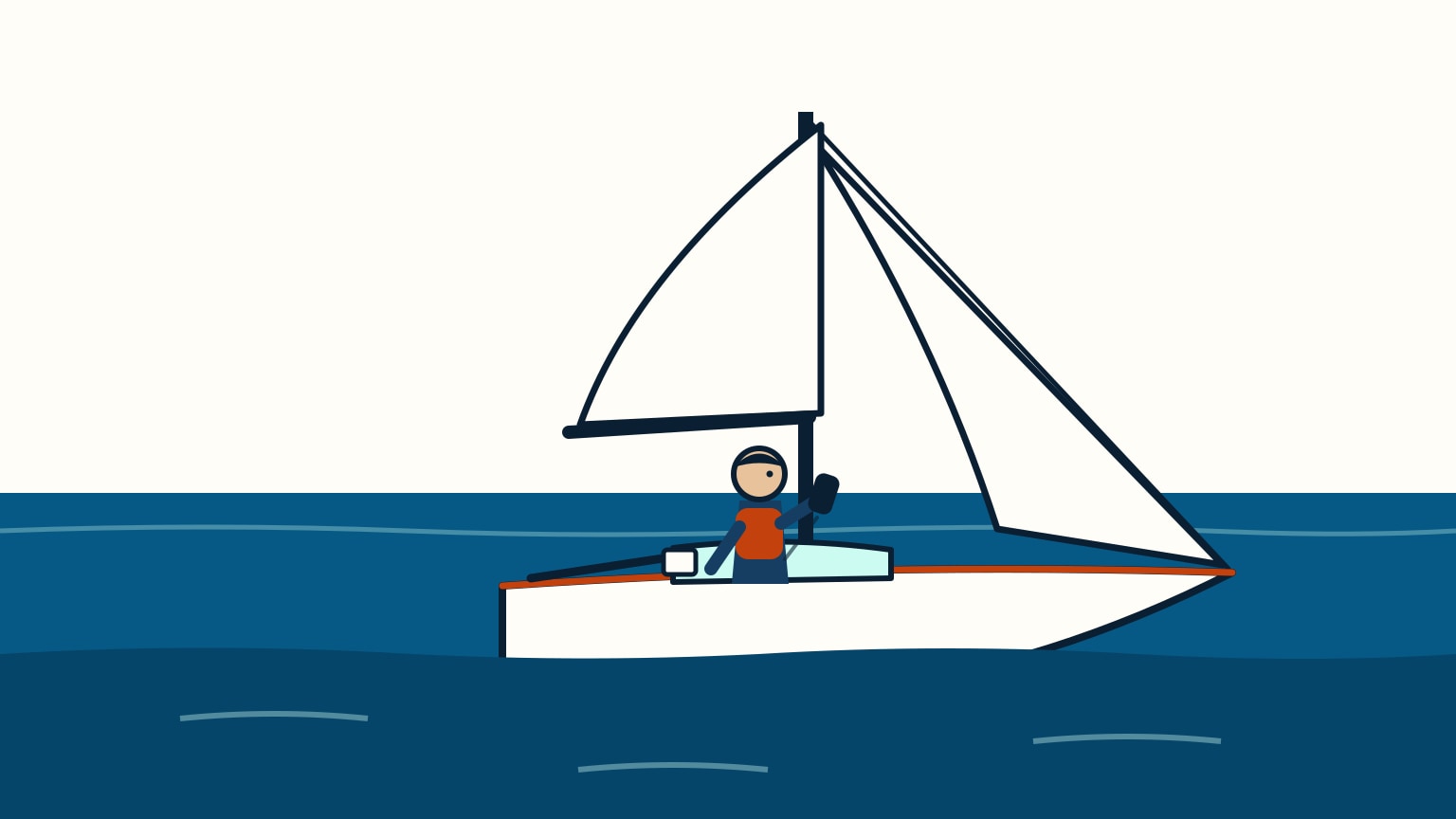 A sailor aboard a stopped, disabled sailboat calmly calls for help on a handheld VHF radio, sails slack and the boat drifting in calm water.
