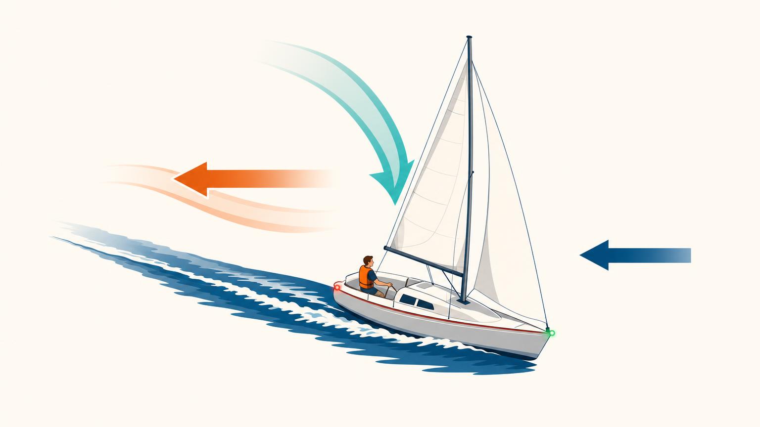 A fast sailboat crossing the true wind, where motion-created airflow strengthens apparent wind and shifts it toward the bow