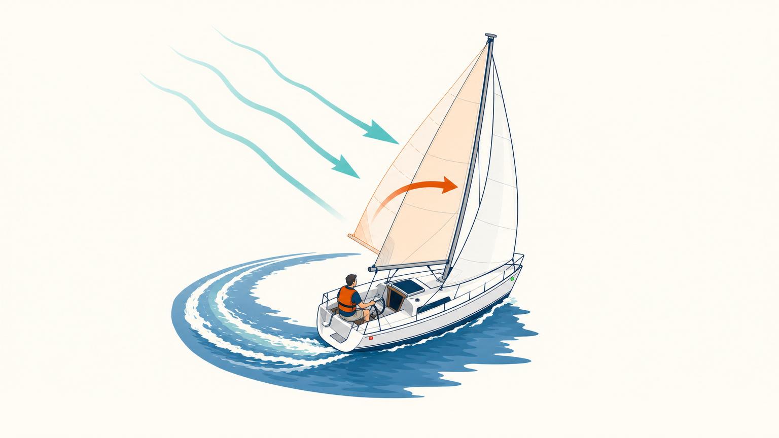 A turning, accelerating sailboat adjusting its sail as the apparent wind moves forward