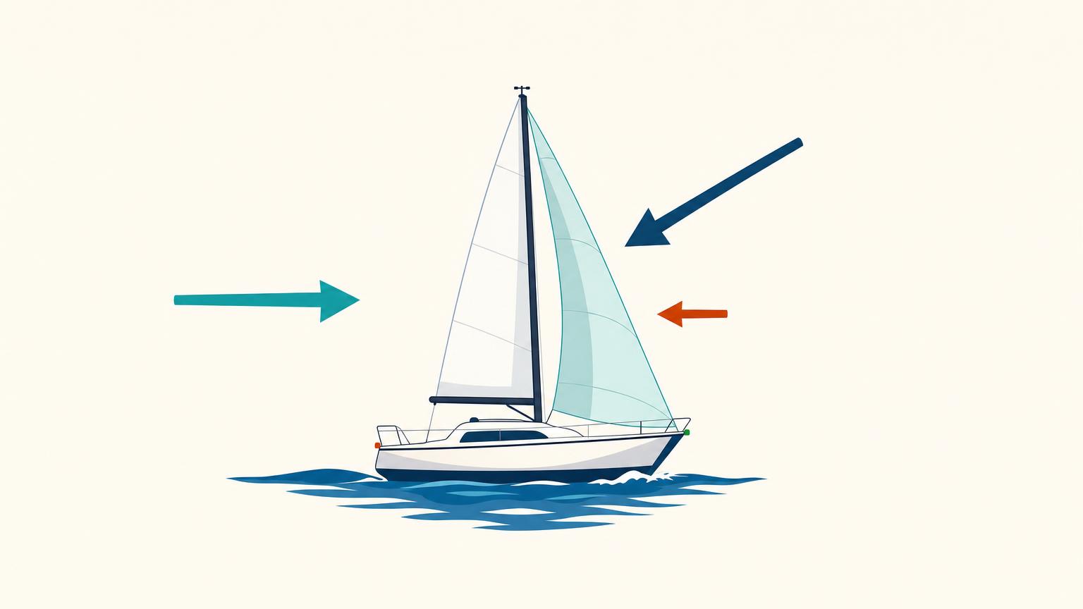 A sailboat moving through true wind, with its motion-created headwind combining into the diagonal apparent wind felt aboard