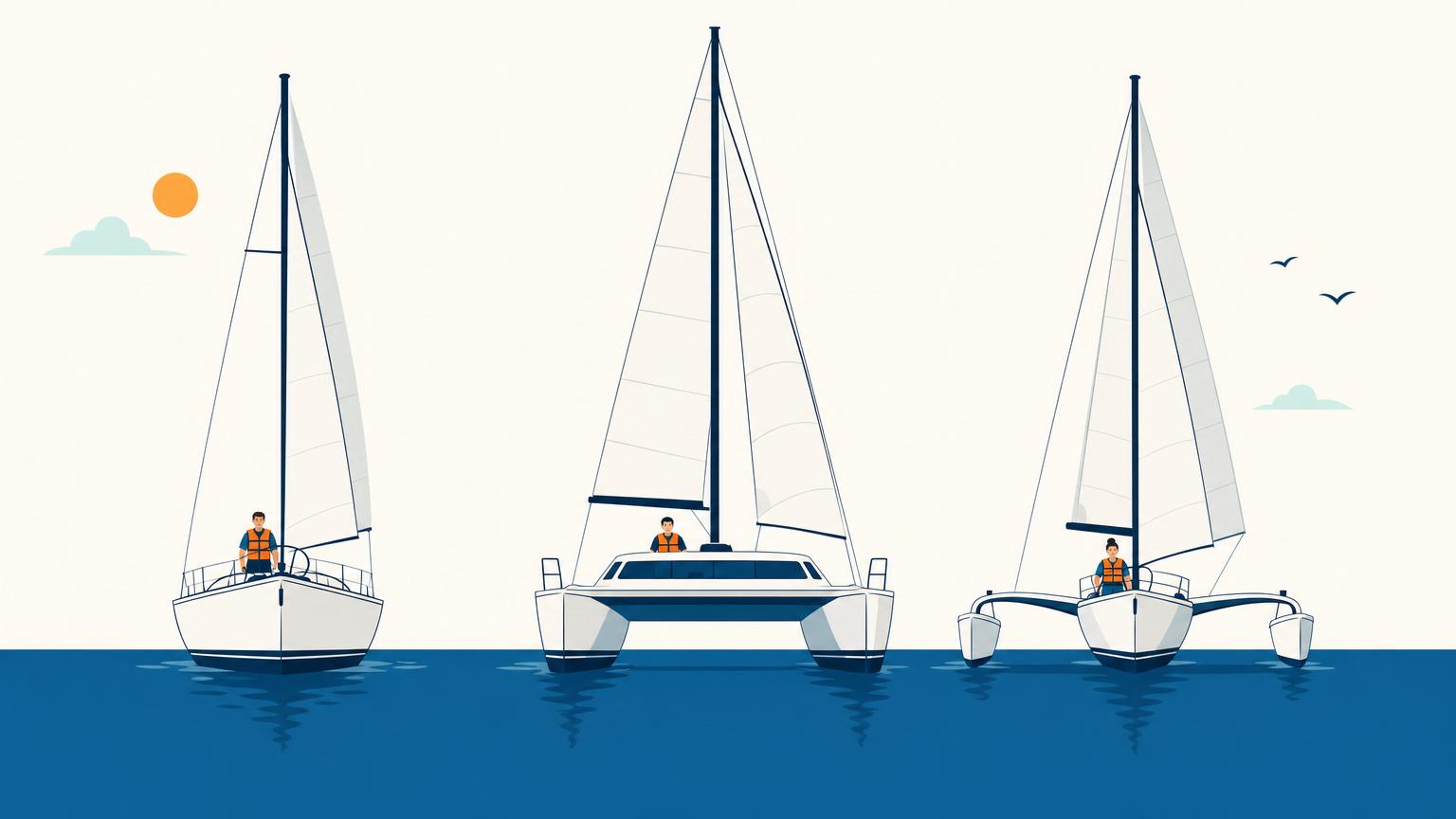 Head-on comparison of a monohull, a two-hulled catamaran, and a three-hulled trimaran