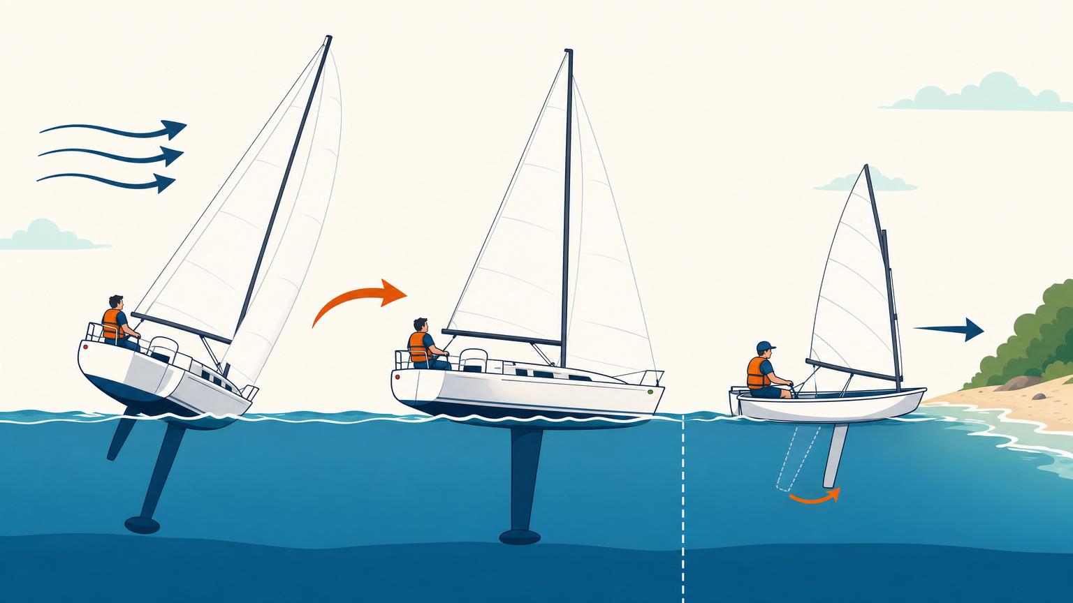 A weighted keel helping a heeled keelboat return upright beside a beach-launched dinghy lowering its centreboard