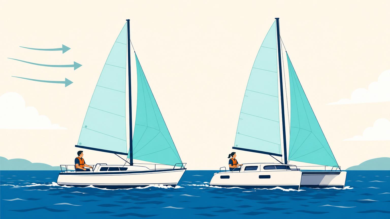 A monohull and catamaran carrying the same one-mast, two-sail sloop arrangement
