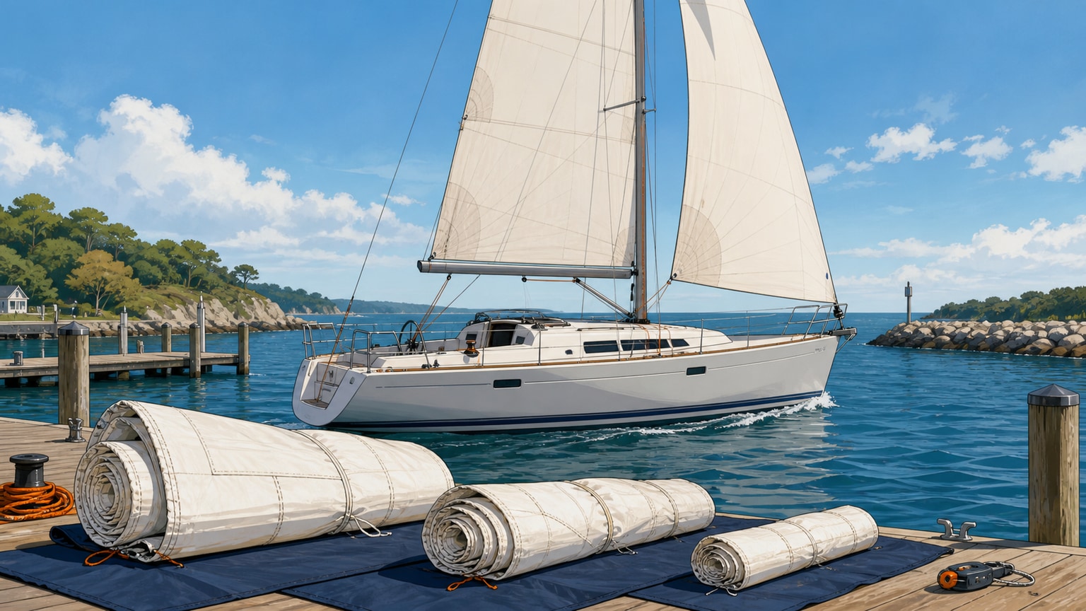 Modern sloop under mainsail and jib with a small set of alternate sails shown ashore