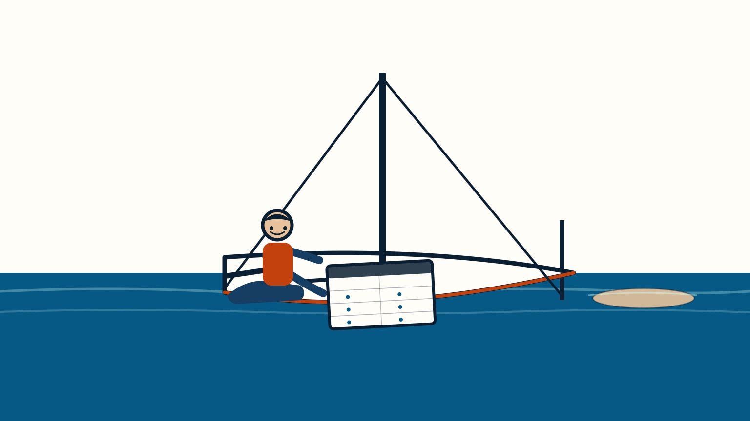Sailor at the helm checking a printed tide table beside the wheel, a shallow sandbar and channel marker post visible ahead as the boat nears a narrow entrance