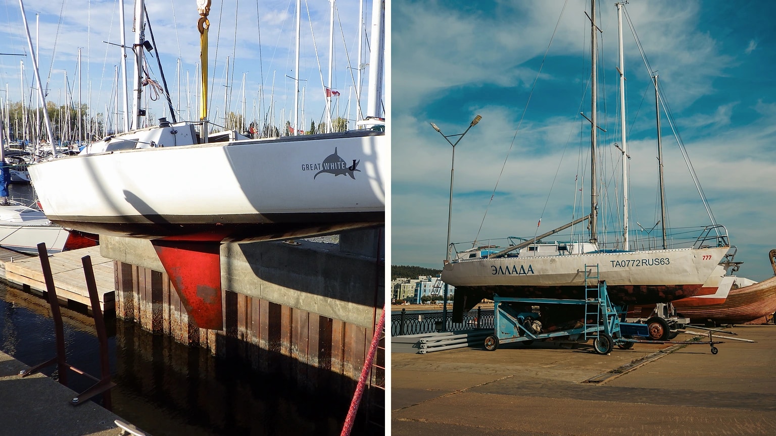 Sailboat hulls and keels exposed while stored ashore
