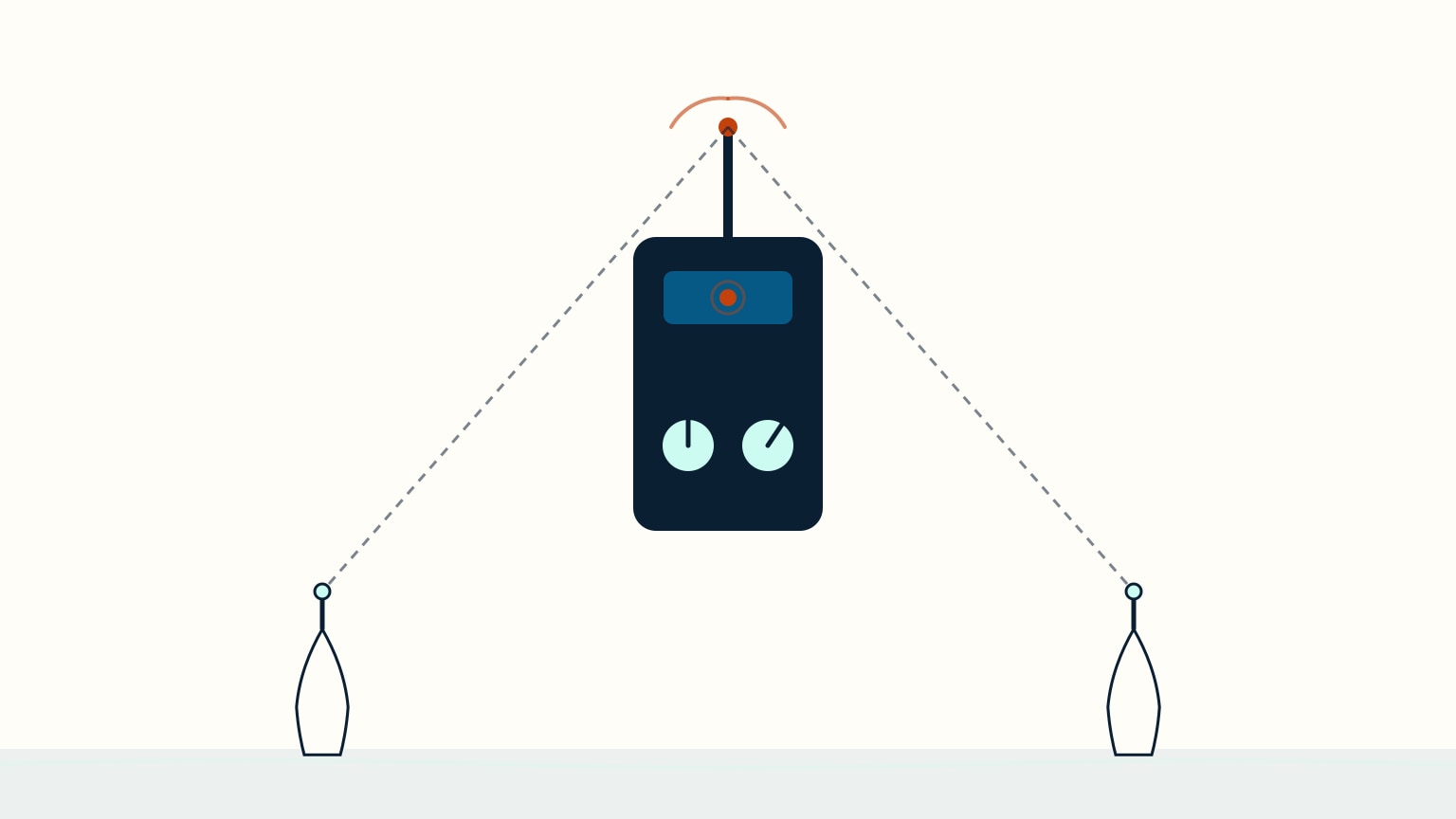Marine VHF radio transmitting on channel 16, with radio-wave arcs reaching several boats around it