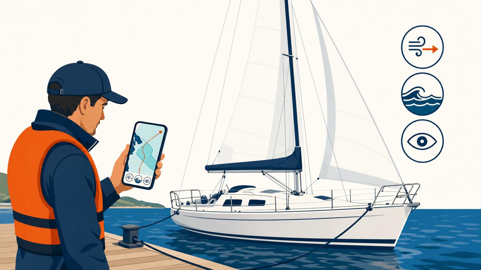 A sailor checks a marine forecast covering the full sailing route while the boat remains tied to the dock.