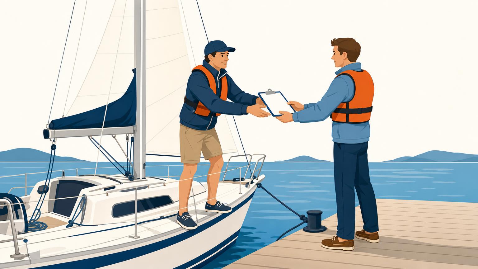 A skipper hands a completed float plan to a trusted person at the dock before sailing.