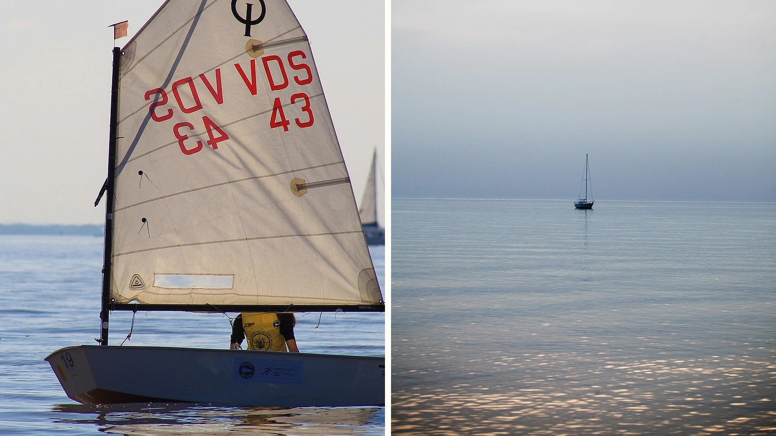 Two sailboats moving slowly across nearly calm water