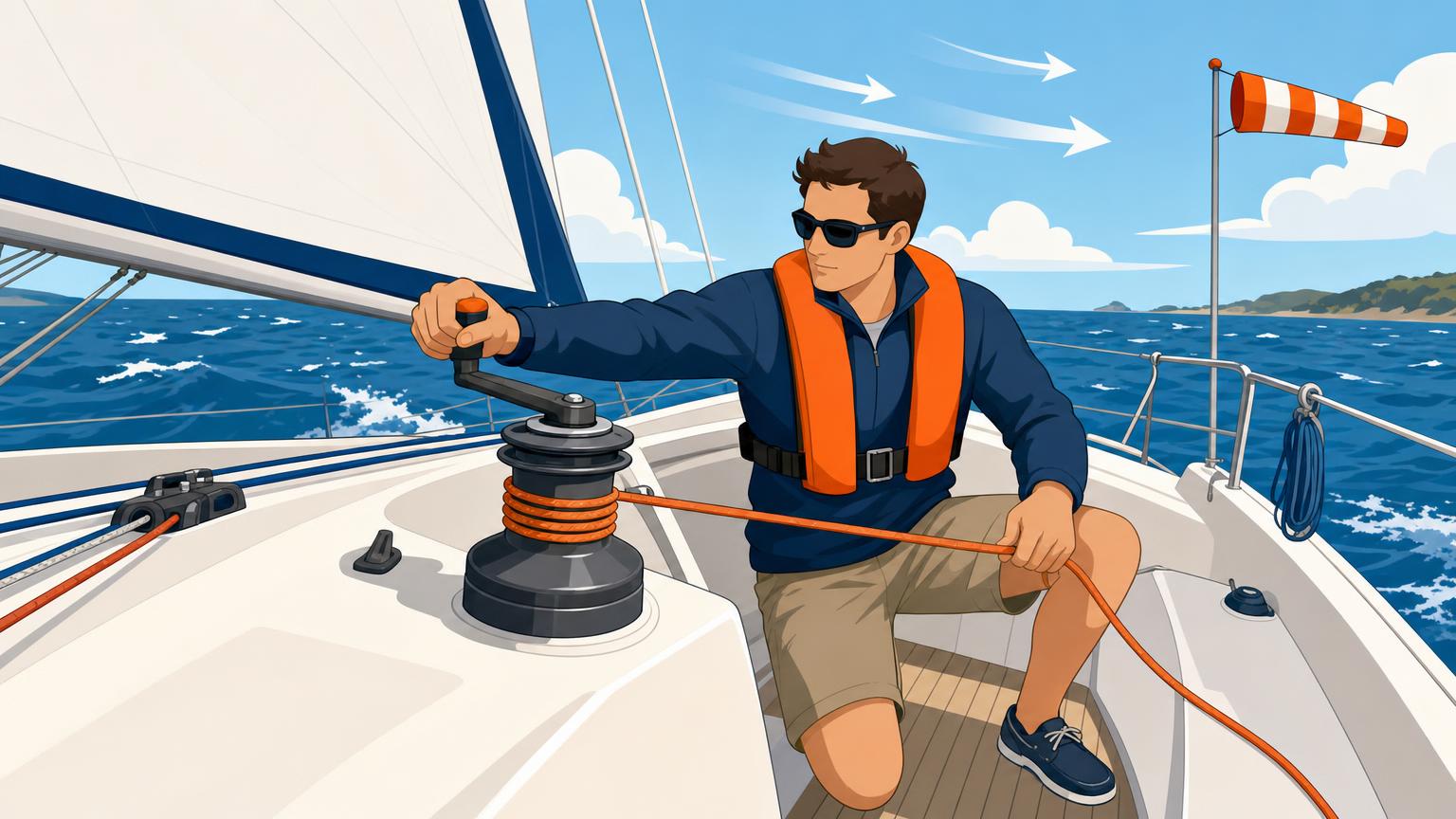 Close cockpit view of a sailboat winch with an evenly wrapped line, one hand on the handle, and the other safely controlling the outgoing tail