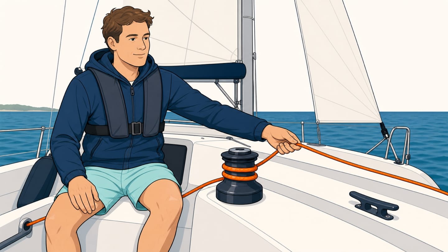 A sailor carefully eases the outgoing tail from a winch toward a nearby cleat while keeping hands away from the loaded drum