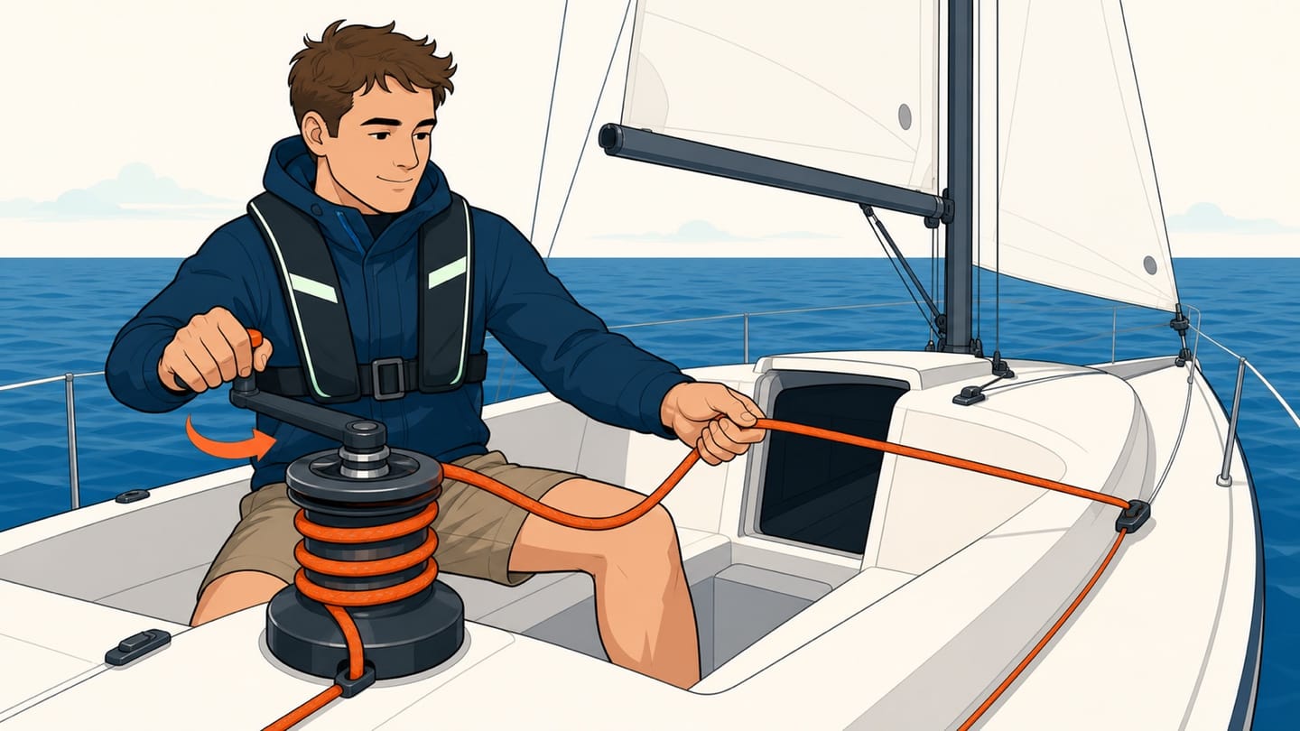 A sailor tails the outgoing line with one hand while using the winch handle with the other, keeping fingers clear of the drum