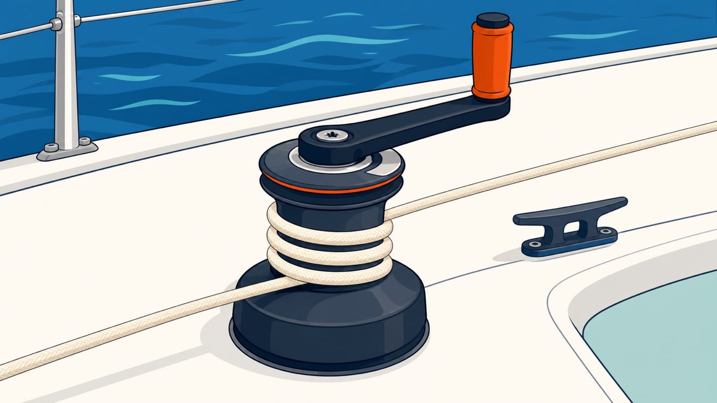 A close cockpit view of a sailor using a removable handle on a winch with a single loaded sheet wrapped around the drum