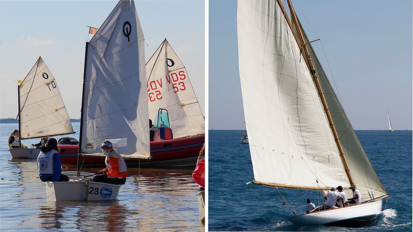 Young sailors and an adult crew representing club membership paths