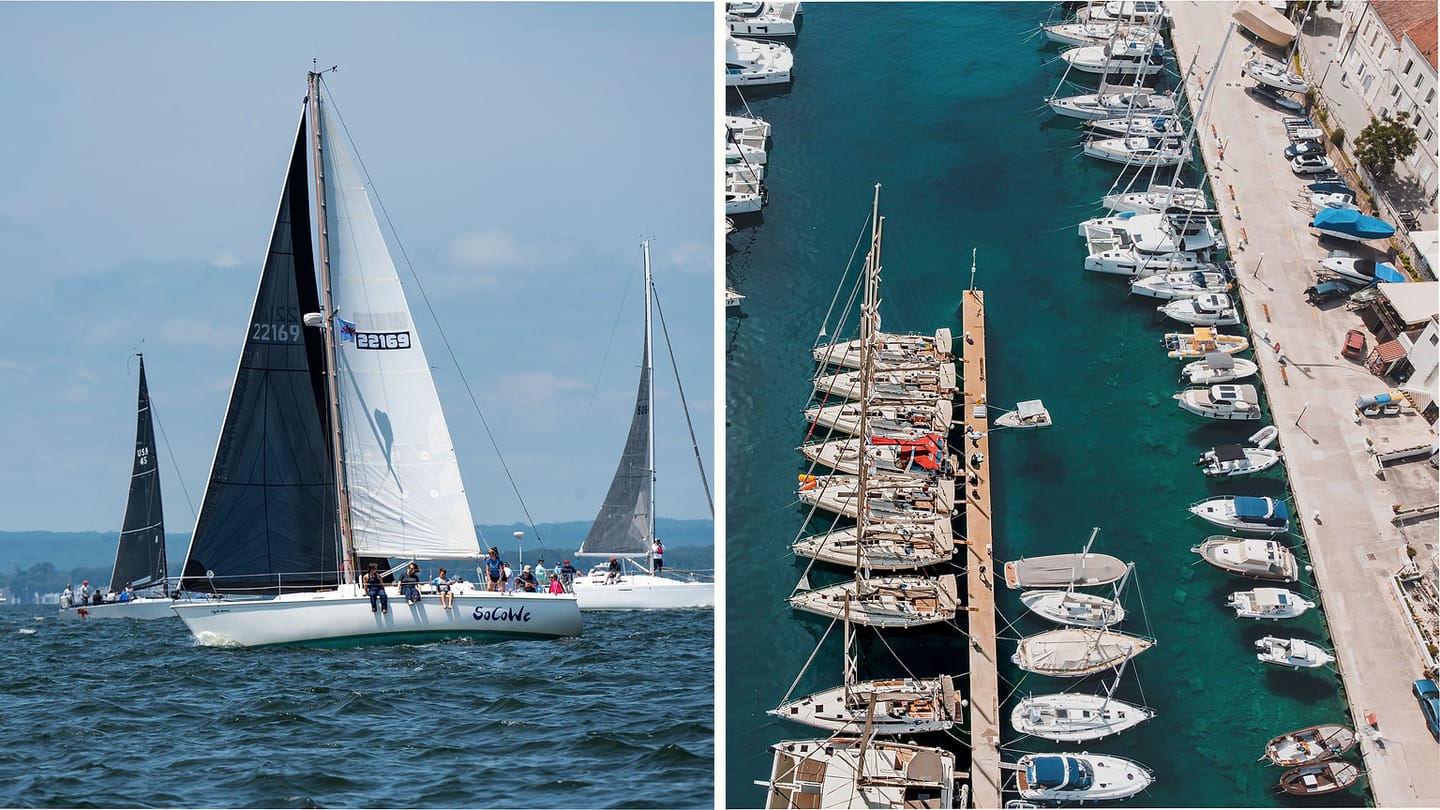 Racing sailboats and marina facilities shown together