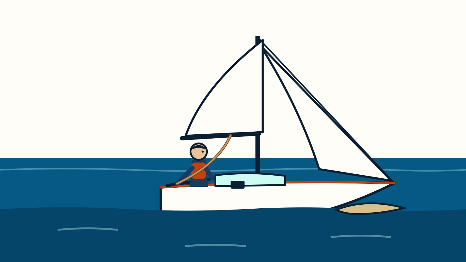 A sailboat rests gently heeled at low tide with its keel touching a sandbar, sails eased and the engine off, while a crew member checks belowdecks.