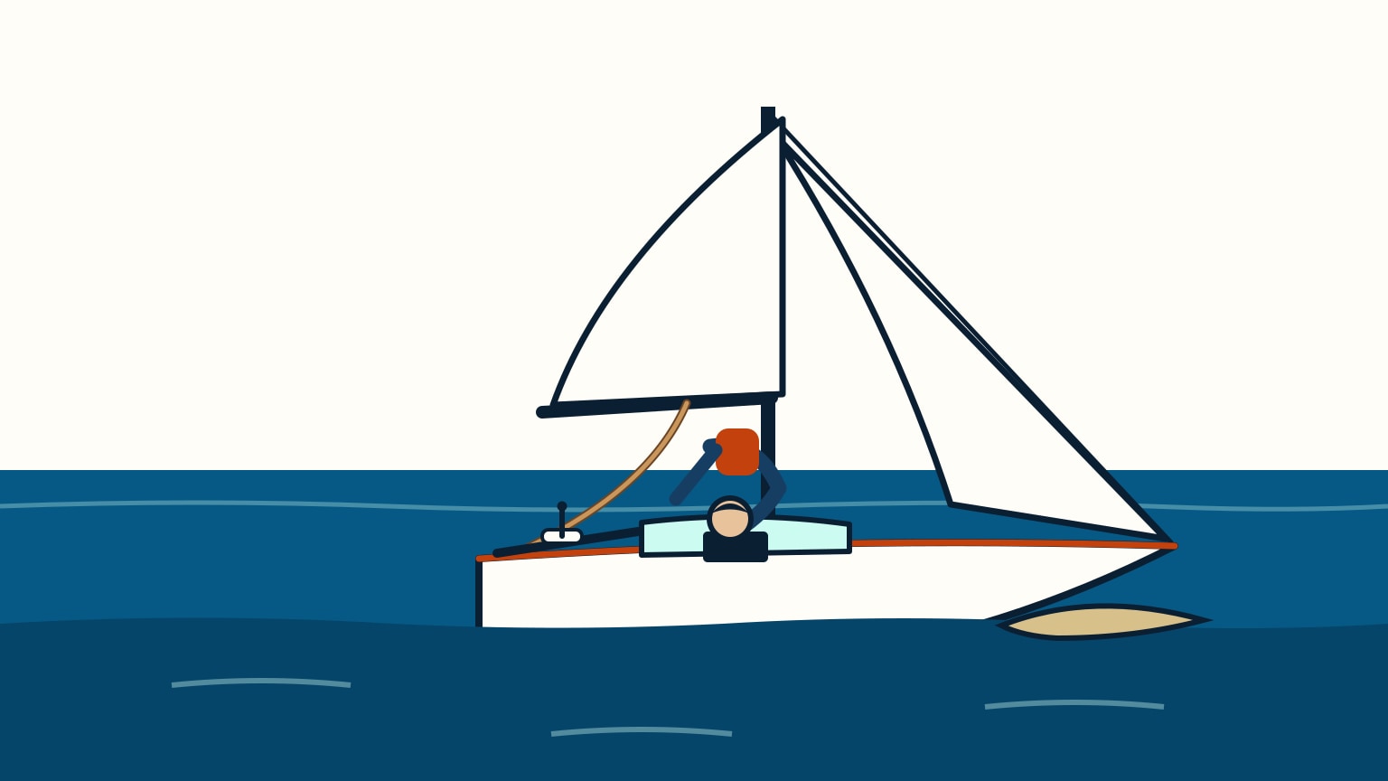 A sailor checks the bilge for water below deck on a sailboat that has come to rest on a sandbar, its sails luffing and slack overhead.