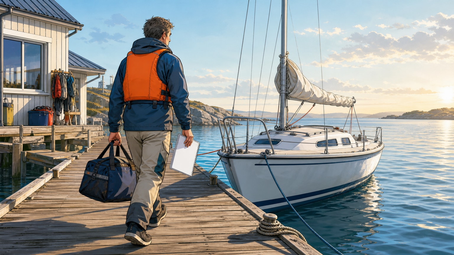 Adult beginner carrying a joining checklist from a sailing centre toward a small keelboat
