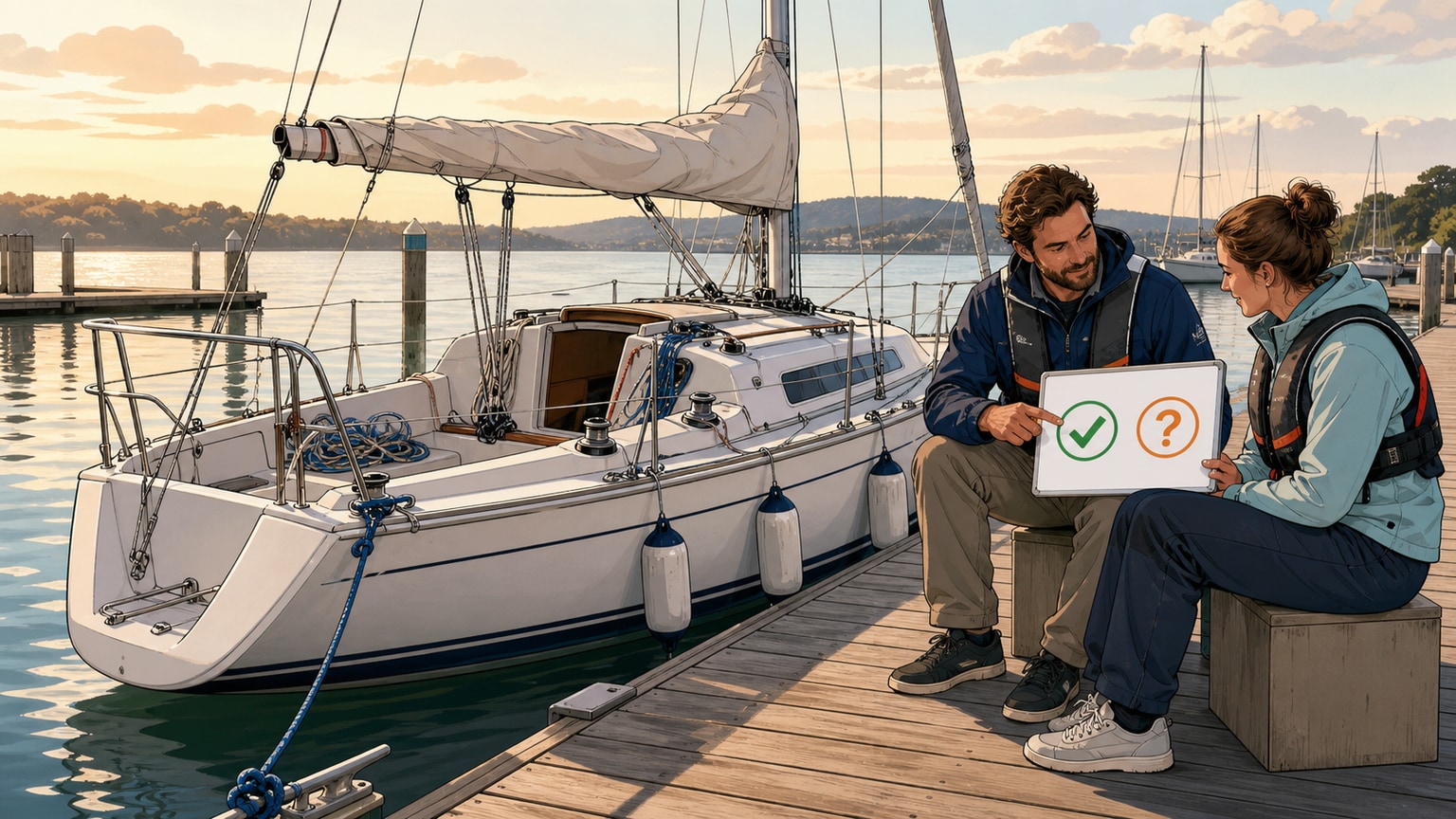 Boat secured at the dock beside a debrief board with one success and one question to revisit