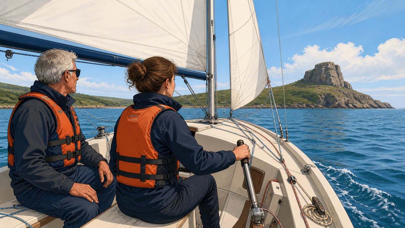 Beginner steering toward a shore landmark while an instructor sits alongside
