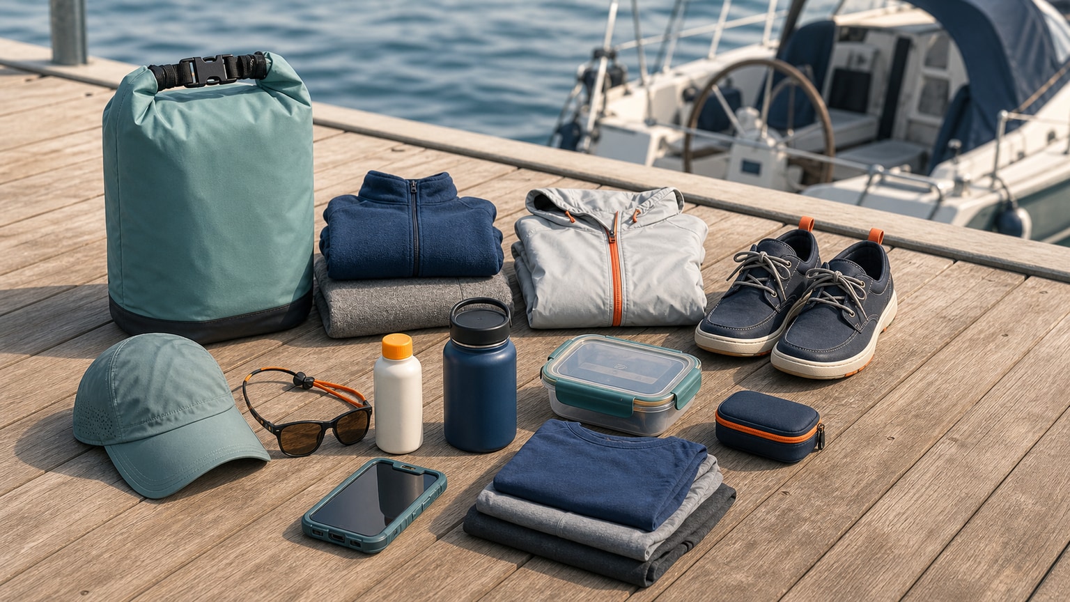 Compact day-sail kit arranged beside a small dry bag on the dock