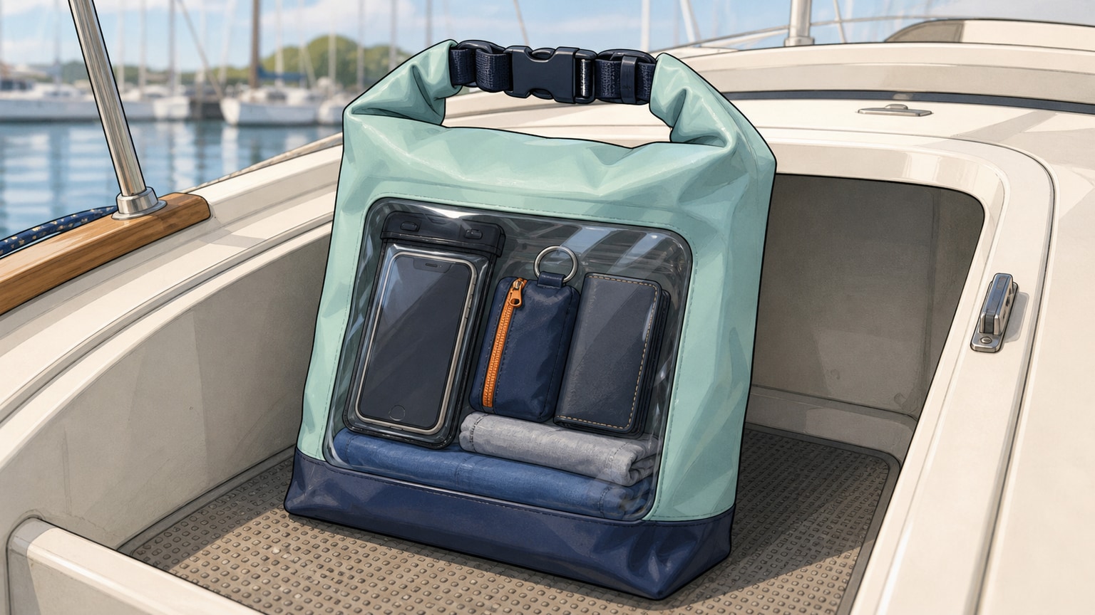 Small sealed dry bag with phone, keys, wallet, and folded dry clothes inside