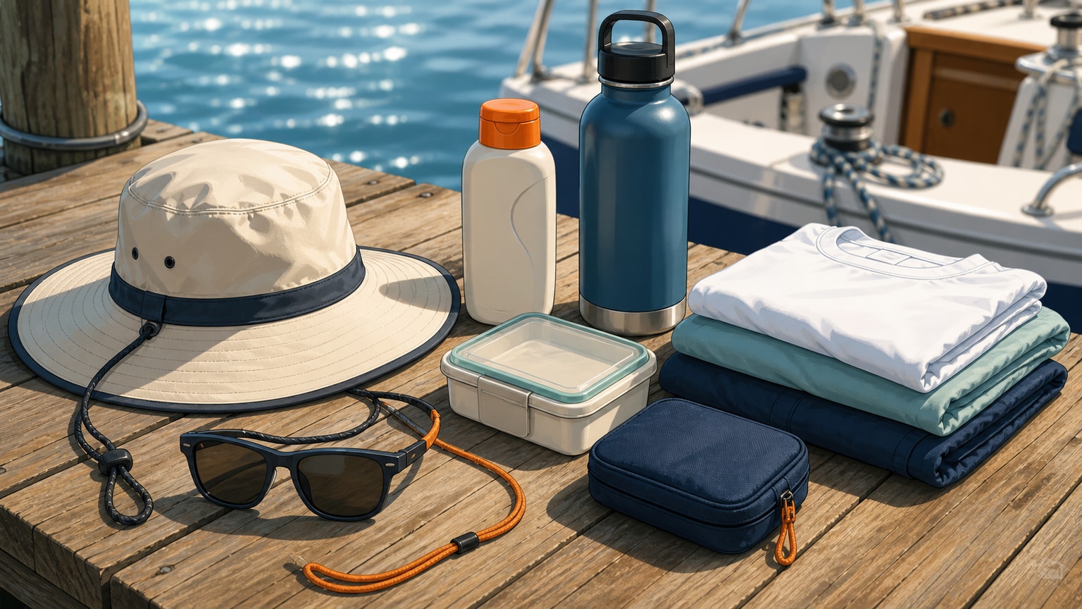 Sun protection, water, accessible medication, and dry clothes grouped for a day sail