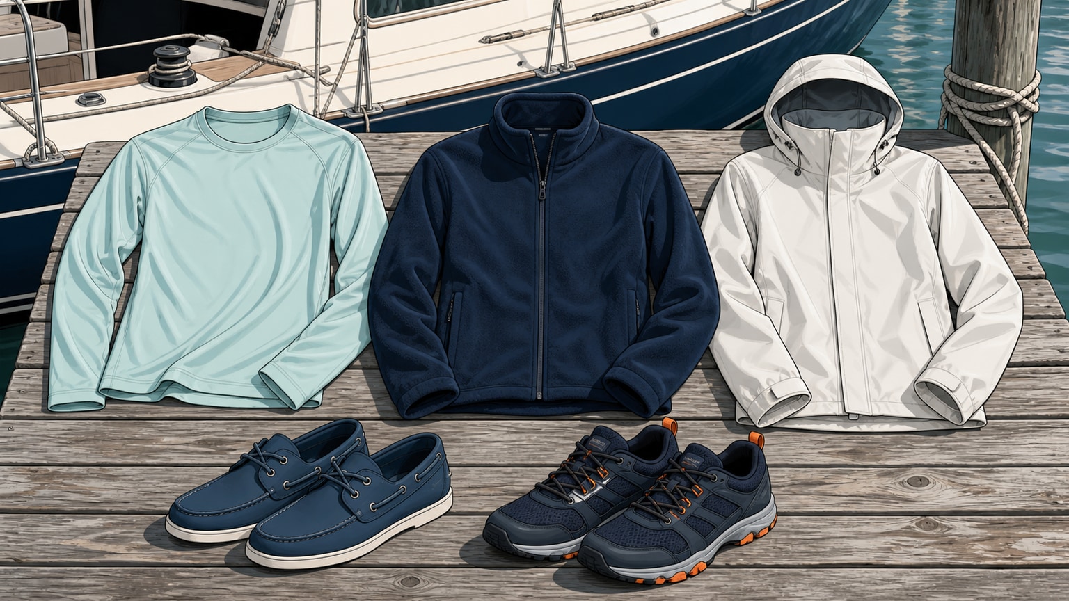 Three simple clothing layers beside secure deck shoes and water-friendly dinghy shoes