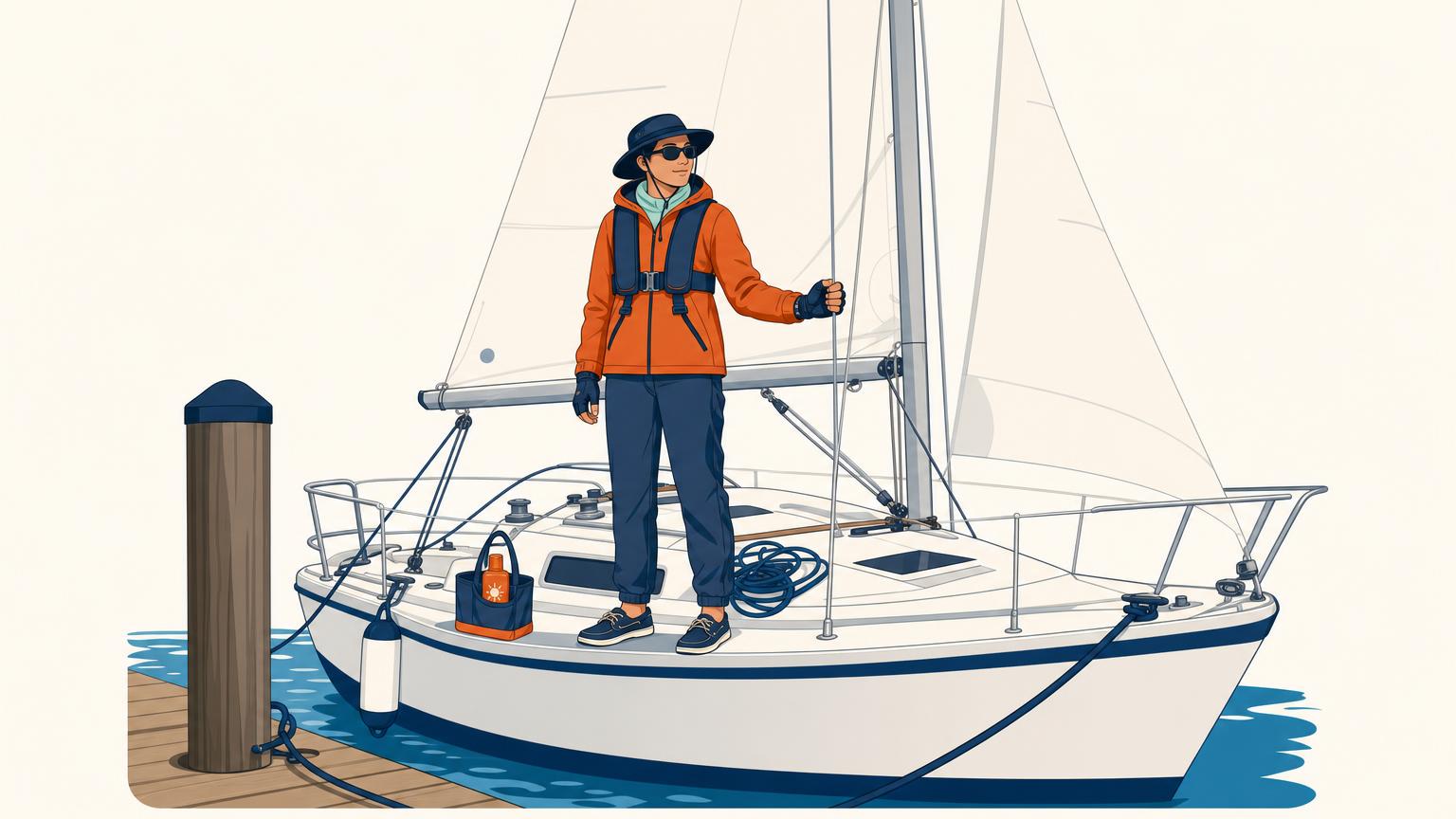 First-time sailor at the dock dressed in layers, secure deck shoes, sun protection and sailing gloves