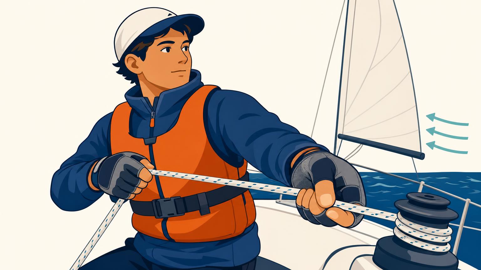 Gloved hands gripping and adjusting a sailing line with reinforced palms protecting the skin