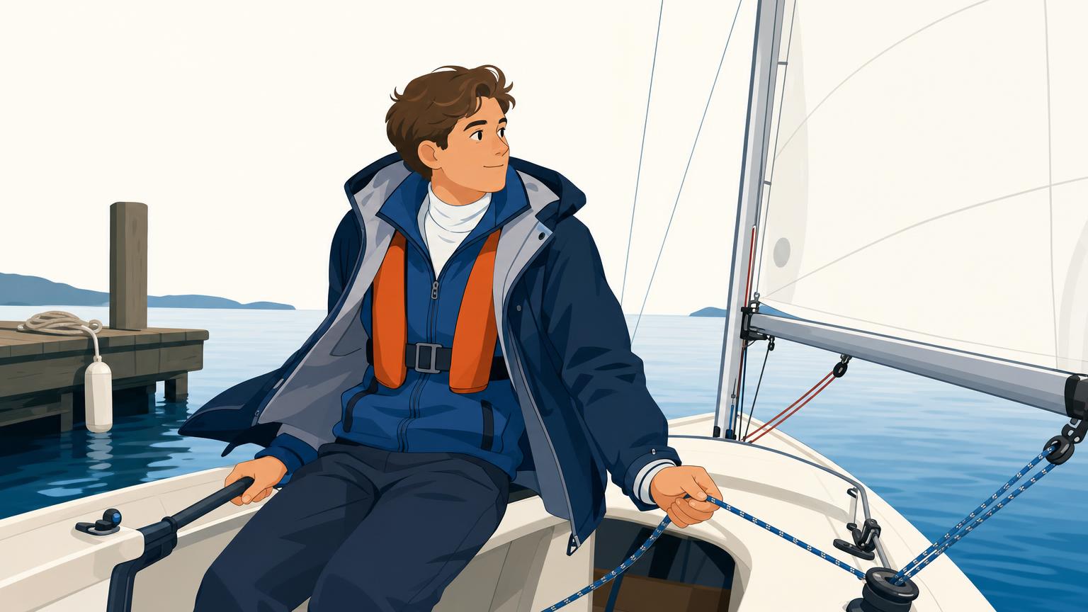 Beginner sailor wearing a base top, fleece and hooded outer shell in removable layers aboard a sailboat