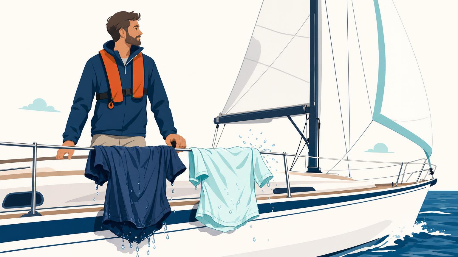 Wet cotton shirt sagging beside a lighter quick-drying synthetic shirt on a boat rail