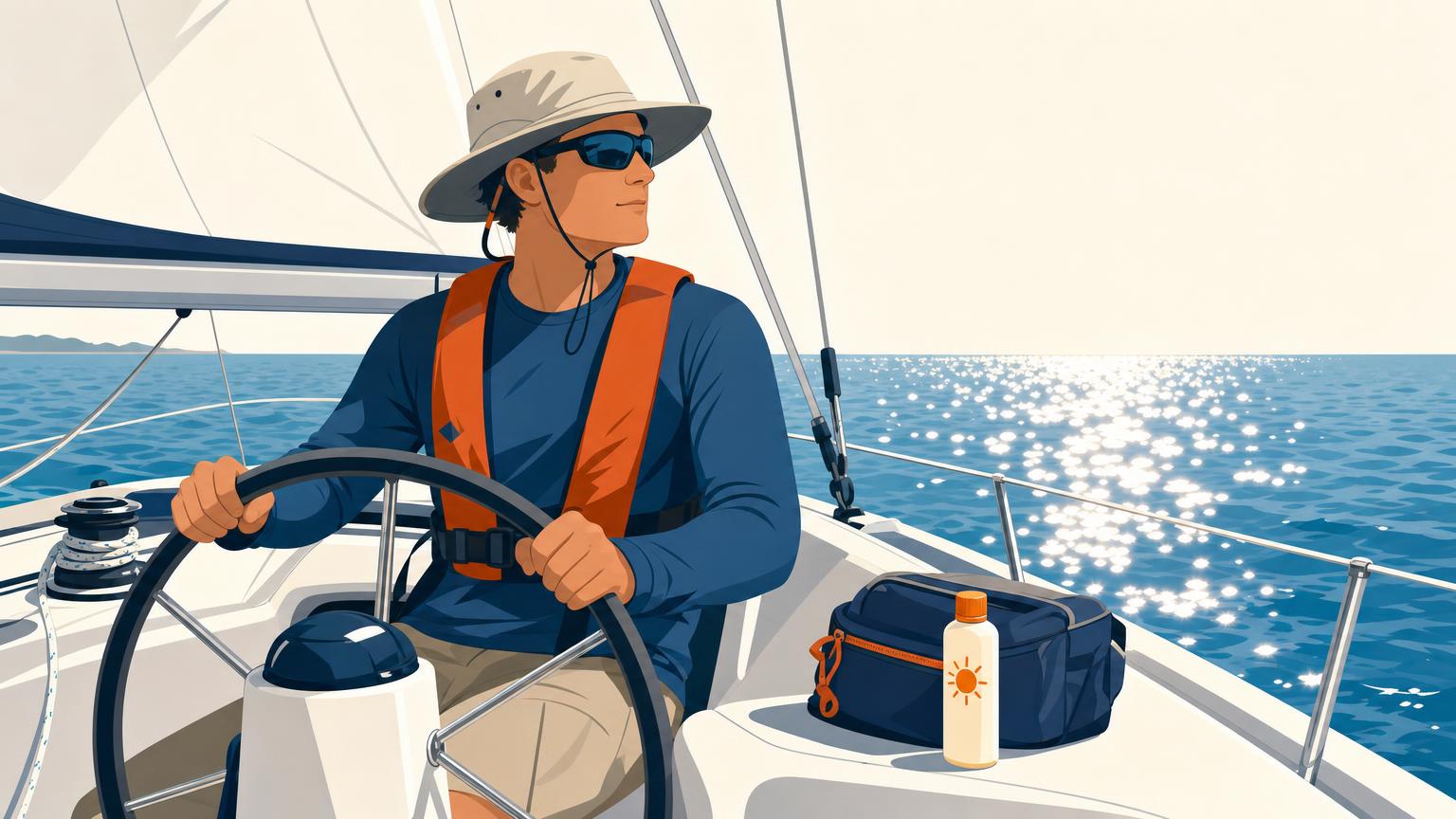 Sailor wearing a secured sun hat, retained sunglasses and long sleeves as sunlight reflects from the water