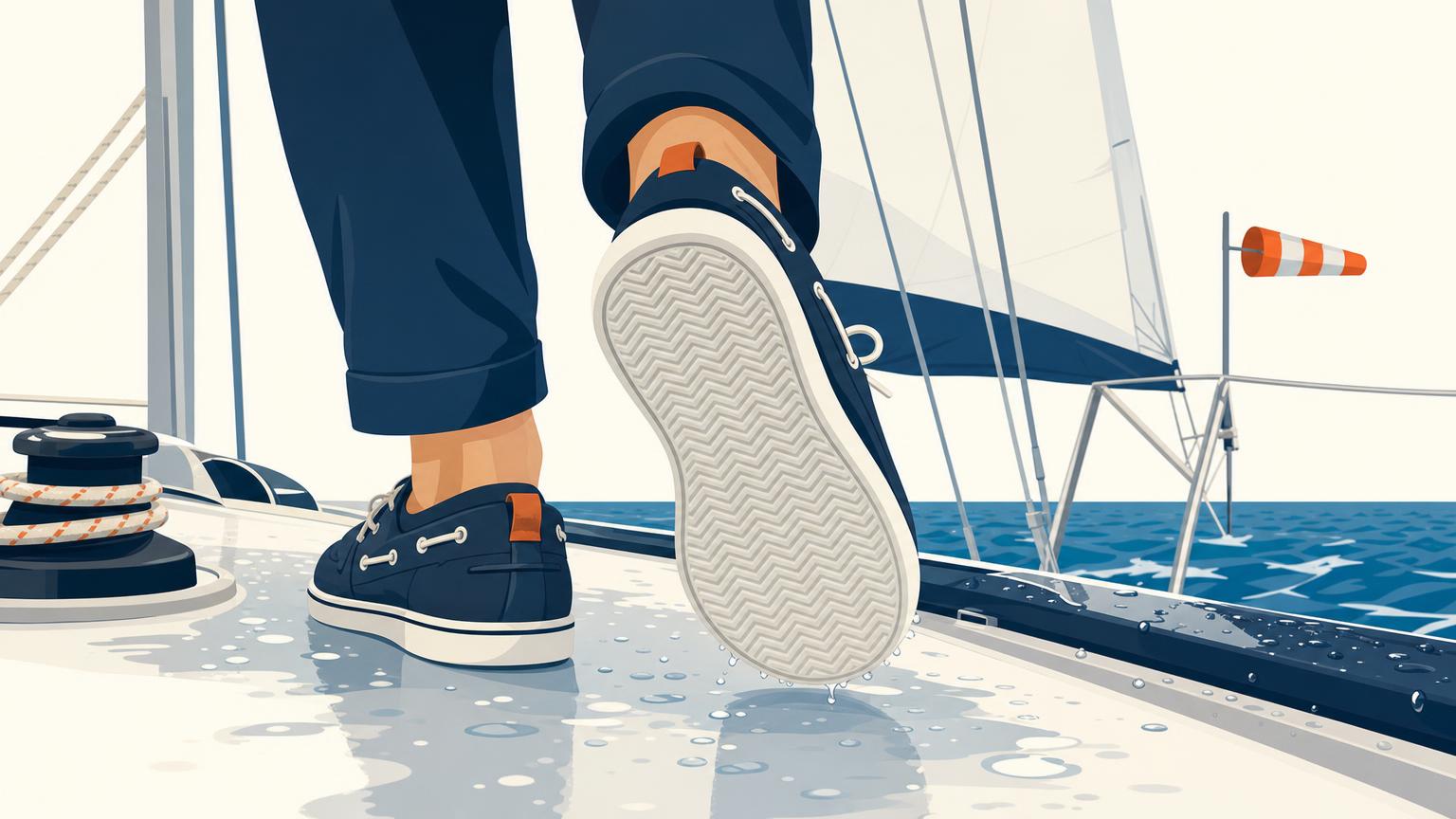 Close-up of closed-toe deck shoes with grooved non-marking soles gripping a wet deck