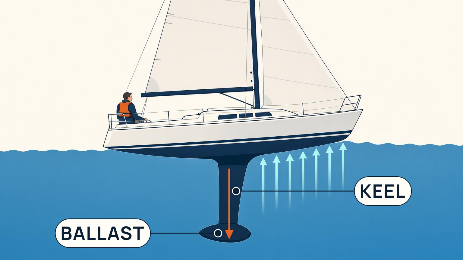 Cutaway of a heeled sailboat showing low ballast in the keel and water supporting the submerged side of the hull