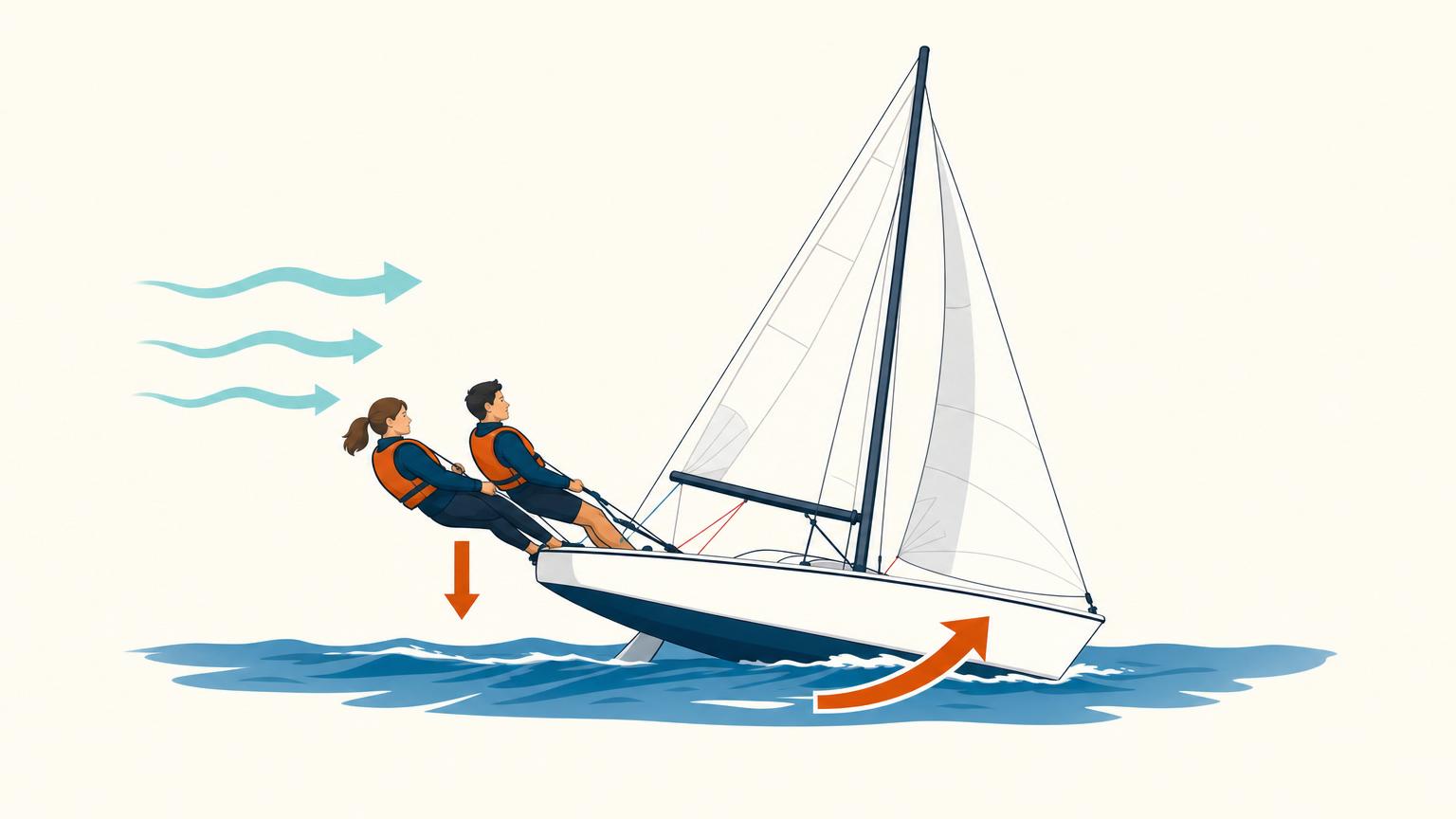 Crew hiking out from the windward side of a dinghy to use their weight against heel