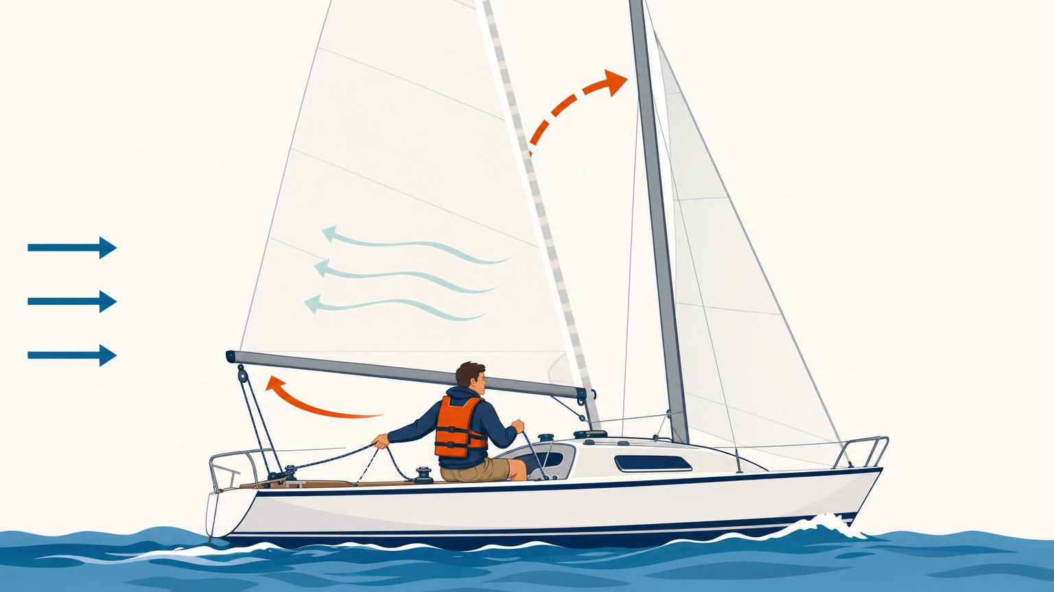 Sailor easing the mainsheet so the boom moves outward and the sailboat heels less