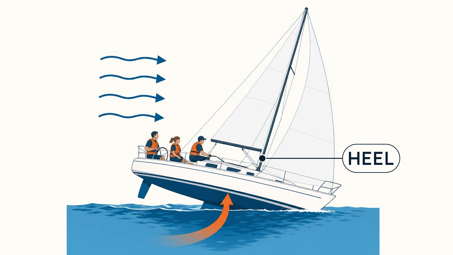 Sailboat at a moderate heel with wind pushing the sails and an opposing force turning the hull upright