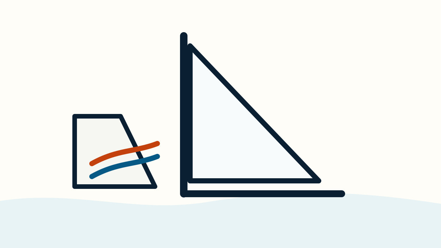 A folded white mainsail panel sits left of an upright mast with separate orange and blue lines