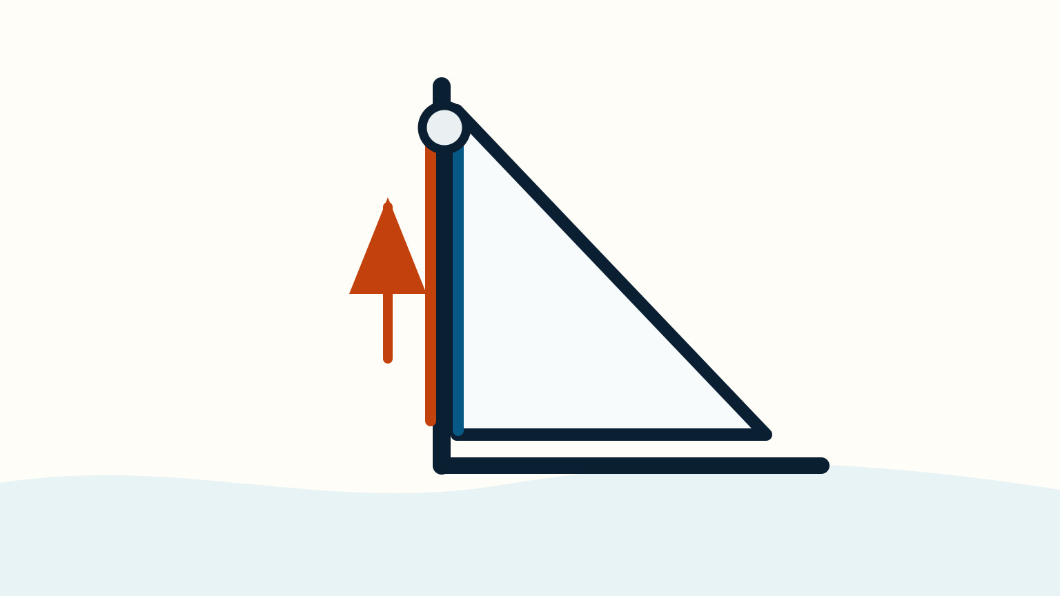 Orange and blue vertical paths run separately along the edge of a white mainsail and navy mast