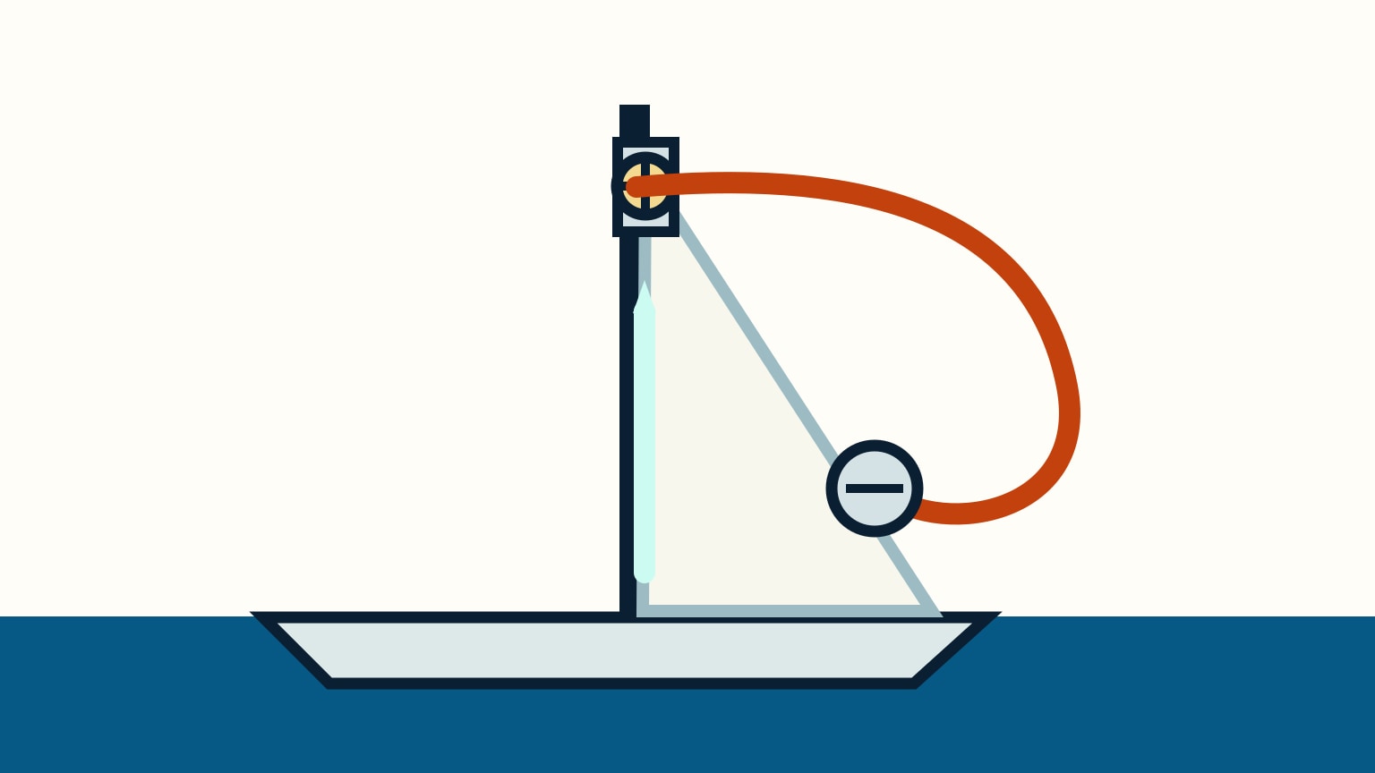 A mast drawing traces an orange halyard from masthead sheave to a deck pulley